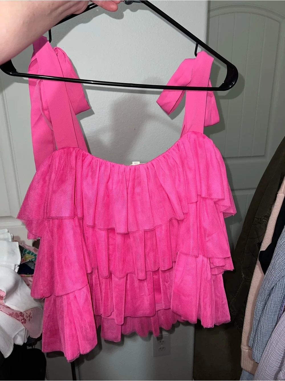 entro Hot Pink Tiered Ruffle Tie-Strap Crop Camisole